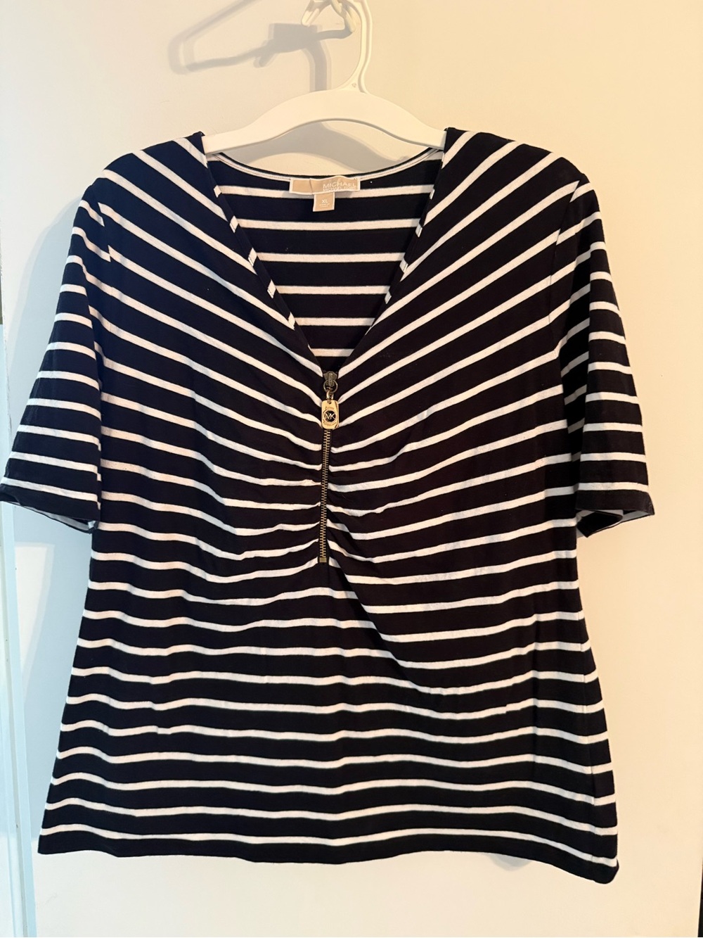 MICHAEL Michael Kors Navy and White Striped Short Sleeve Zip-Front Top